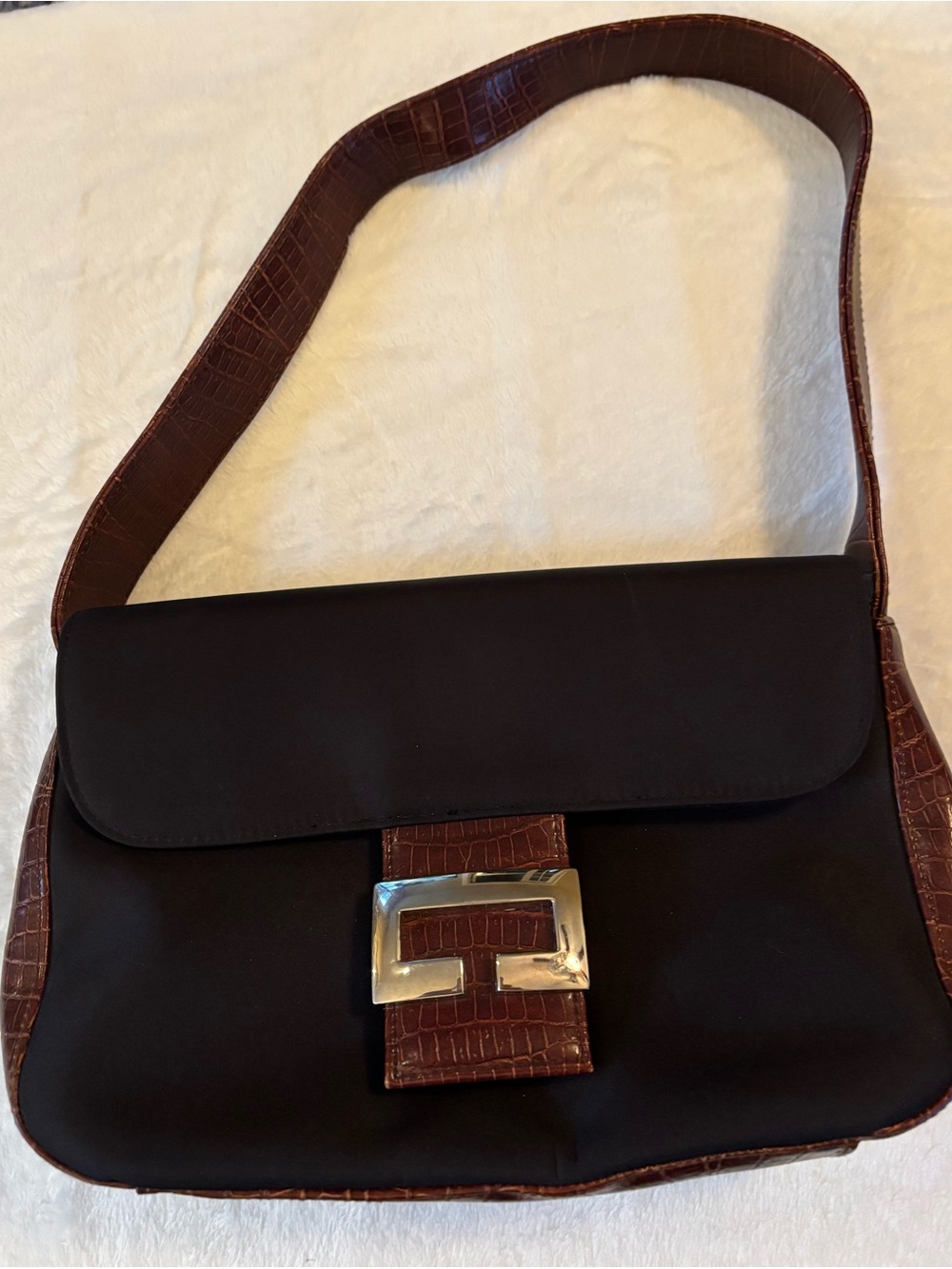 Mondani Brown Nylon Shoulder Bag with Croc-Trim and Silver Buckle